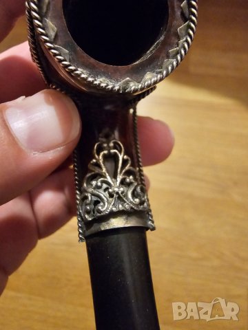 Красива Старинна колекционерска лула за пушене от бриар с  бронзова лъвска глава и бронзови орнамент, снимка 7 - Лули - 41794920