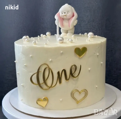 One Първи една гонина годинка надпис страничен акрил златист топер декор украса за торта рожден ден, снимка 2 - Други - 53661551