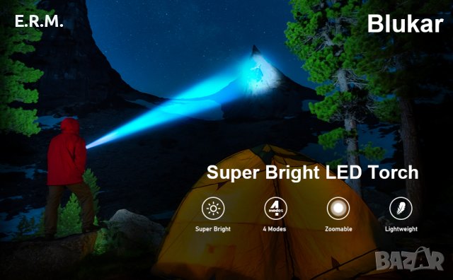 Светодиодно фенерче Blukar, акумулаторно, супер ярко фенерче с регулируем фокус, 4 режима на осветяв, снимка 11 - Къмпинг осветление - 42211953