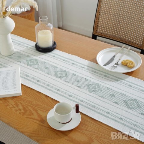 INCLAR Зелена бохо пътека за маса с пискюли 34 x 183 см, снимка 6 - Декорация за дома - 42497289