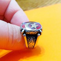 Уникално стар красив мъжки сребърен пръстен с  голем полумесецът и звездата, турски пръстен, османск, снимка 2 - Пръстени - 38759094