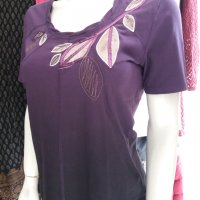 РАЗПРОДАЖБА- блуза трико в преливащи лилави цветове и апликации листа, снимка 4 - Тениски - 35678019