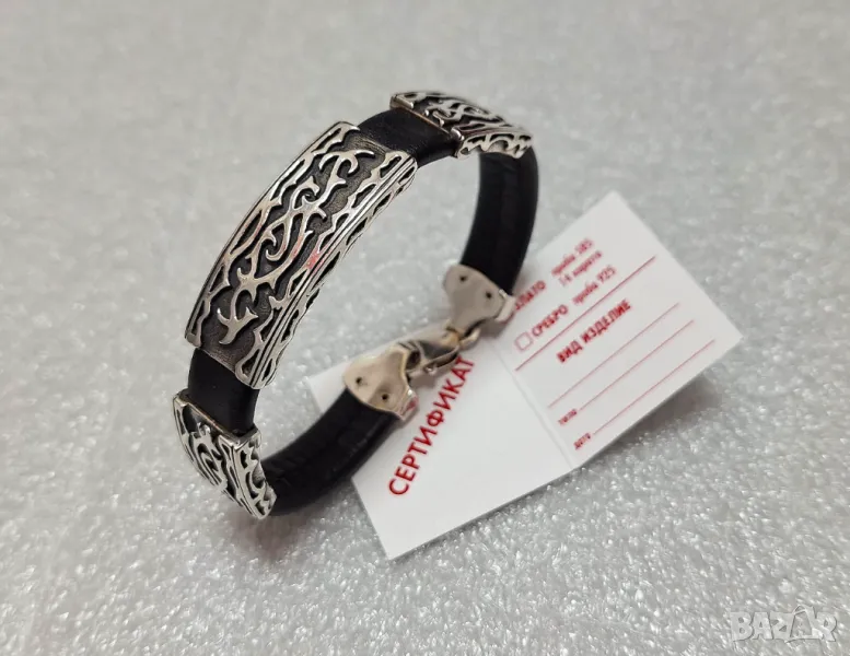 Мъжка Сребърна Гривна с естествена кожа (проба 925)-30,19 грама, снимка 1