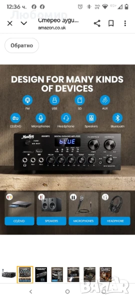 Стерео аудио усилвател 220W Bluetooth 5.0, Moukey 2.0 канален стерео аудио приемник с USB, SD, AUX,, снимка 1