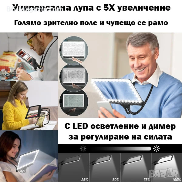 Увеличителна лупа за шиене на гоблени за врата четене книги A4 бродерия с LED осветление шиене , снимка 1