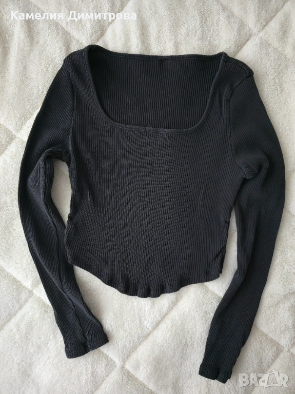 Черна къса блуза по тялото с дълъг ръкав, снимка 1