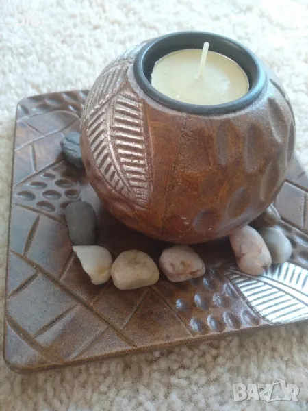 Свещник дърво и камъни, снимка 1