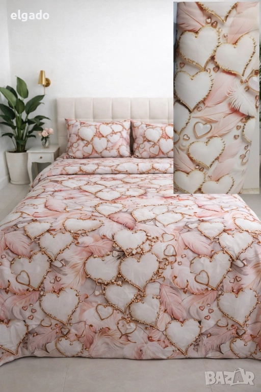 Спален комплект Moon Cotton –  "Златни сърца" Материя: 100% памук – ранфорс 5D, снимка 1
