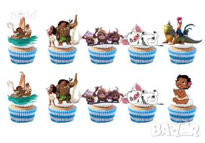 24 бр Смелата Ваяна Моана Moana къси остри картонени топери за торта мъфини кексчета парти рожден, снимка 1