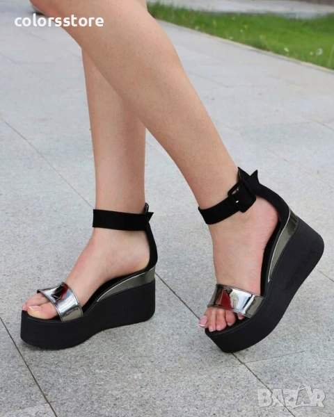 Сандали на платформа - черен велур с бронз лак - 336

, снимка 1