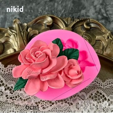 Роза Божур цвете с пъпка и листа силиконов молд форма фондан гипс свещ декор, снимка 1