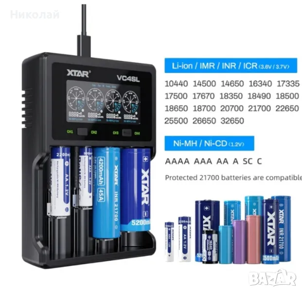Зарядно у-во XTAR VC4SL, 4 гнезда, LCD дисплей, USB, LiIon & NIMH, 18650, CR123, AA, AAA

, снимка 1