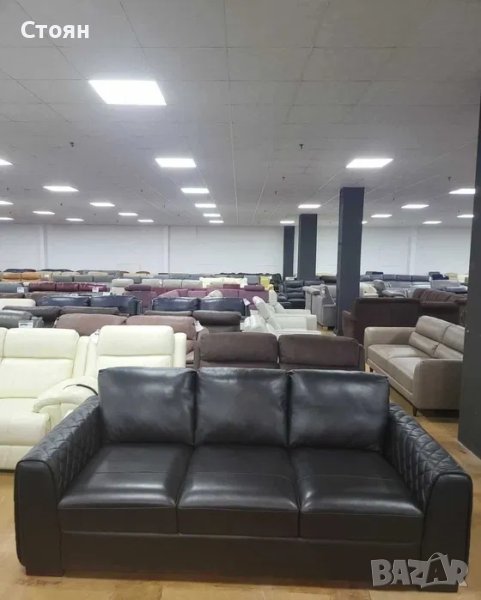 Черен кожен диван голяма тройка, снимка 1