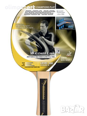 Тенис хилка DONIC WALDNER 500  Дърво: 5V (Vario) • Дръжка: Concave • Дебелина на гумата: 1.8 мм •, снимка 1 - Тенис - 42400283