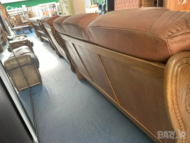  100325 кожен холов диван 2ка 130 см + диван 3ка 200см + фотьойл / холна гарнитура / ретро / тъмно к, снимка 6 - Дивани и мека мебел - 49434439