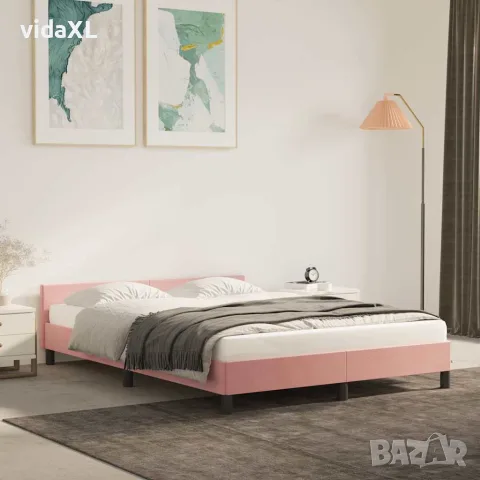 vidaXL Рамка за легло с табла без матрак, розова, 140x200 см, кадифе, снимка 2 - Спални и легла - 56147161