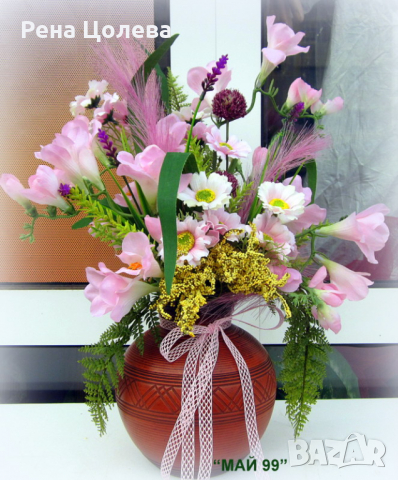 Антична ваза с пролетни цветя, снимка 4 - Изкуствени цветя - 36380146
