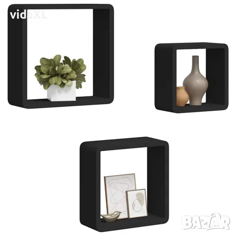 vidaXL Стенни кубични рафтове, 3 бр, черни, МДФ, снимка 4 - Етажерки - 56146815