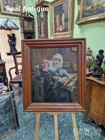 Прекрасна голяма антикварна авторска белгийска картина масло върху платно , снимка 2 - Картини - 48772614