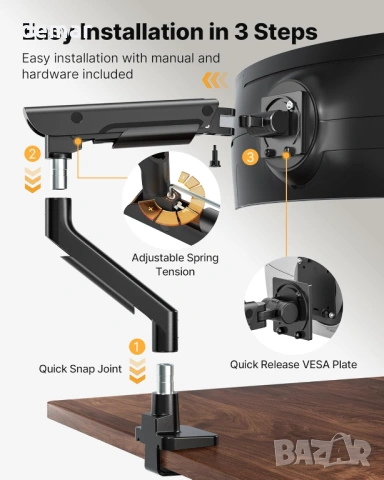 Рамо за монитор monTEK с USB 3.0 A/C, 17–57”, до 27 кг, газова пружина, VESA 75/100, черно, снимка 6 - Стойки, 3D очила, аксесоари - 53837094