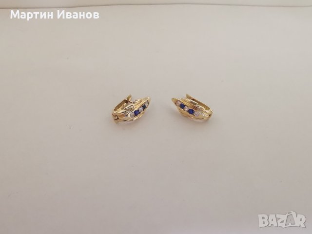 Златни обеци с цирконий и сапфири , снимка 3 - Обеци - 44371586