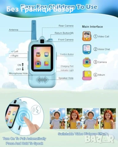 Ново Уоки-токи с видео за деца, 1900ft обхват, удароустойчиви, синьо/розово, снимка 8 - Образователни игри - 53696727