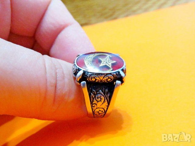 Уникално стар красив мъжки сребърен пръстен с  голем полумесецът и звездата, турски пръстен, османск, снимка 2 - Пръстени - 38759094