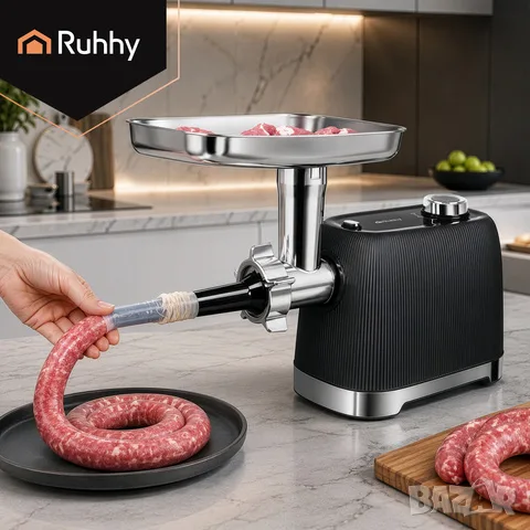 Eлектрическа месомелачка / Месомелачка с пълначка / Мелачка за месо 2400W – с реверс, снимка 7 - Месомелачки - 55829055