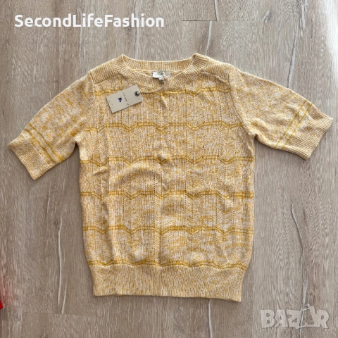 Дамски пуловер Lucky Brand, размер M, жълт, плетен с къс ръкав