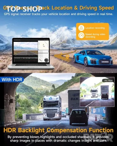 4K GPS Dash Cam 12'' Mirror Dash Cam с 64GB SD карта, снимка 5 - Аксесоари и консумативи - 48631096