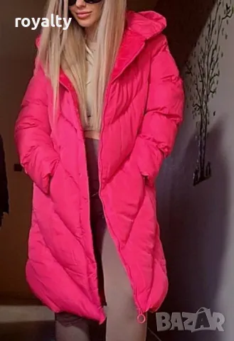 Розов неон дълго дамско зимно яке 