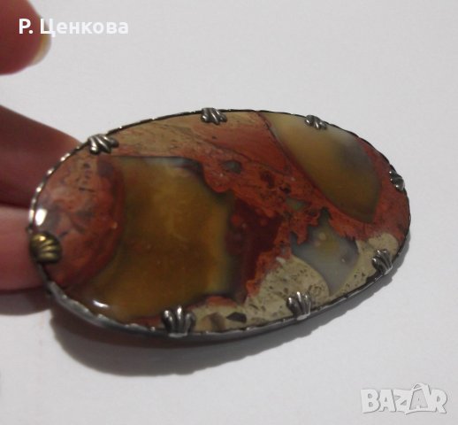 Старинна ръчно изработена брошка от мокаит в сребърен обков, снимка 5 - Антикварни и старинни предмети - 44482138