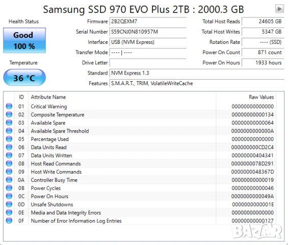Samsung 970 EVO Plus 2TB NVMe M.2 (2280), скорост на четене 3500 MB/s, скорост на запис 3300 MB/s, снимка 4 - Твърди дискове - 53083240