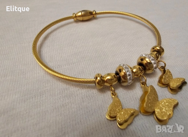 Елегантна дамска твърда гривна от медицинска стомана с бляскави пеперуди и камъни цирконии, снимка 2 - Гривни - 52656969