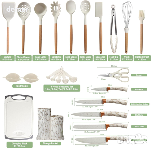 Комплект кухненски прибори, с естествени дървени дръжки, 25 части, снимка 3 - Прибори за хранене, готвене и сервиране - 44514309