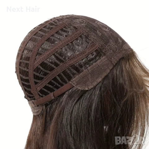 80 см Тъмно кафява чуплива перука на пластове с бретон, снимка 3 - Аксесоари за коса - 53573875