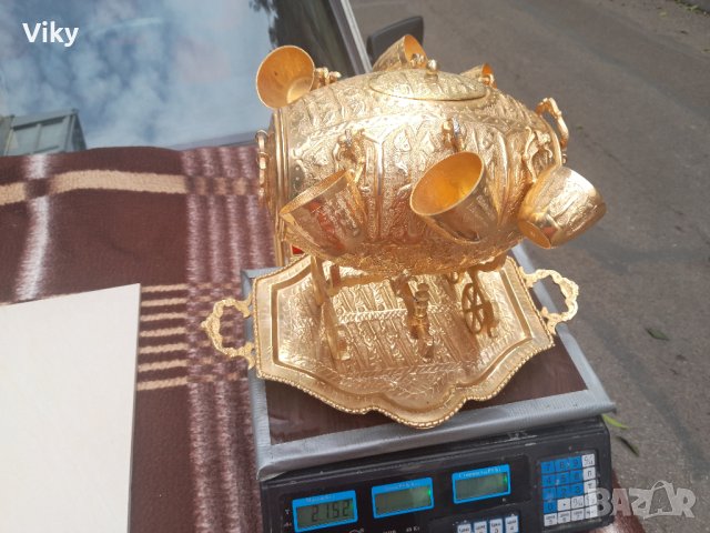 Месингово буренце с канелка с шест чаши комплект Стойка и поднос