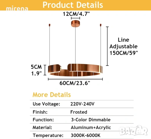 LED ЛЕД модерена висяща полилей кръгъл димируем регулируема височина, снимка 5 - Лампи за таван - 53144425