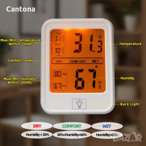 Термометър с хигрометър измерва температура /-20°C до 70°C/ и влажност /10% до 99%/, снимка 3 - Друга електроника - 36039034