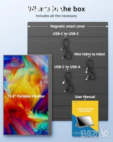 Yodoit 15.6" FHD IPS монитор USB-C HDMI, снимка 7 - Монитори - 53629540