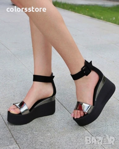 Сандали на платформа - черен велур с бронз лак - 336

