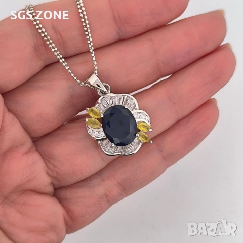 СРЕБЪРНА ВИСУЛКА СЪС СИН САПФИР И ЖЪЛТИ САПФИРИ ОТ ТАЙЛАНД, снимка 2 - Колиета, медальони, синджири - 52316261