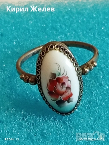 Винтидж сребърен пръстен с филигран и ръчно рисувана роза върху емайл 52426, снимка 8 - Пръстени - 52687113
