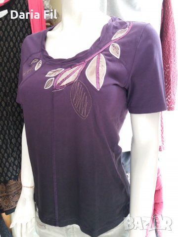 РАЗПРОДАЖБА- блуза трико в преливащи лилави цветове и апликации листа, снимка 4 - Тениски - 35678019