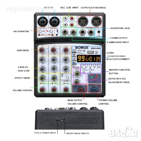 Смесителен пулт BMG-04D DSP99 UPGRADE, DJ Mixer, Bluetooth USB Player, EQ 2 Band,, снимка 6 - Аудиосистеми - 51149624