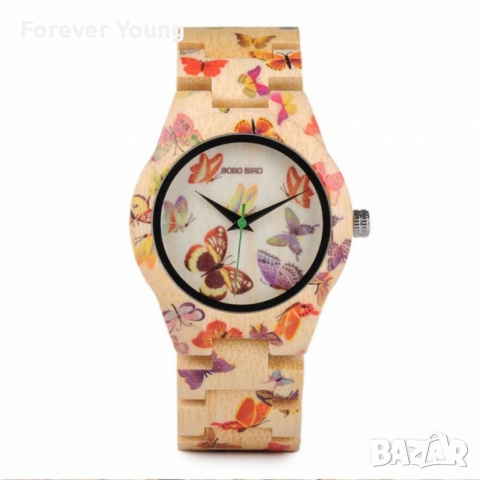Дамски часовник с каишка от верижно дърво и изрисувани пеперуди, снимка 2 - Дамски - 36250779