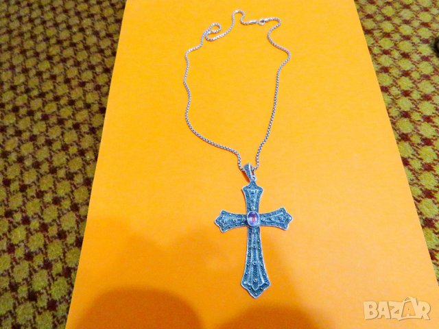 голям стар кован сребърен  кръст с аметист, маркенази и сребърен синджир православен кръст сребро, снимка 5 - Колиета, медальони, синджири - 38915468