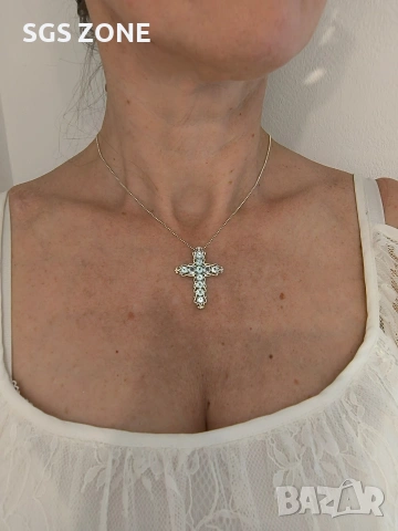 Кръст със естествен Скай Блу ТОПАЗ , снимка 4 - Колиета, медальони, синджири - 53018111