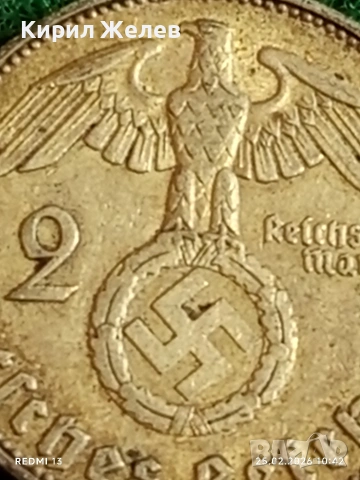 Сребърна монета 2 райхсмарки 1938г. Германия Трети Райх с Свастика за КОЛЕКЦИОНЕРИ 37821, снимка 3 - Нумизматика и бонистика - 53615216