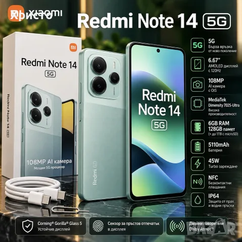 НОВ!!! Xiaomi Redmi Note 14 5G, 6GB RAM, 128GB, Coral Green